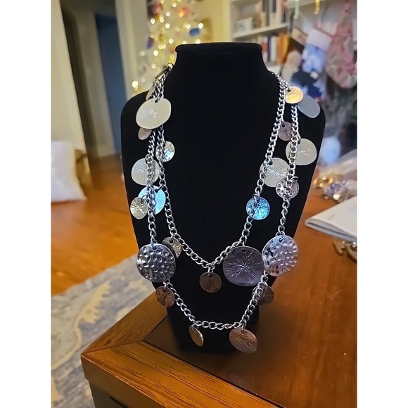 Nine West Jewelry - Nine West Coin Disc Necklace Multi-Tone Hammered Silvertone Link Chain